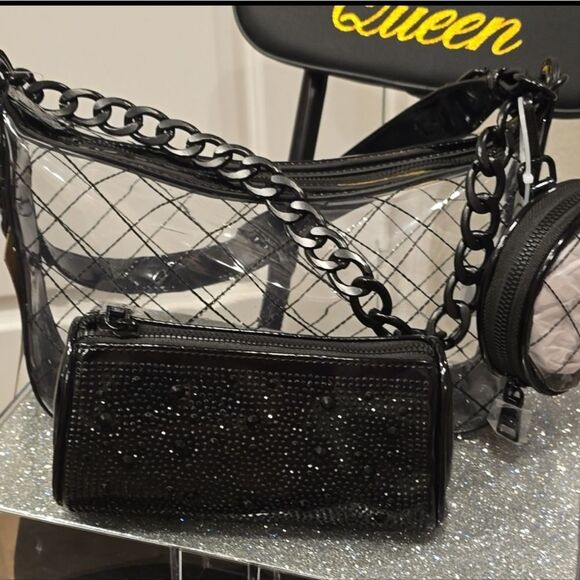 Steve Madden Clear/Black Crossbody Bag w/ Rhinestone Pouch & Round Coin Wallet - Picture 5 of 11